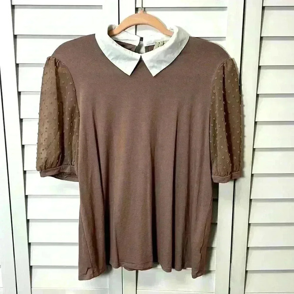 MISA Los Angeles Peter Pan Collar Swiss Dot Balloon Sleeve Top Size Large Taupe - Picture 1 of 7